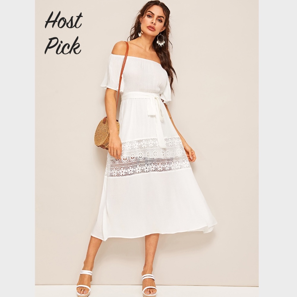 Off Shoulder Lace Detailed White Midi Dress